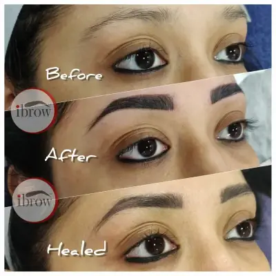 Before, After, and Healed: Stunning transformation with Permanent Eyebrow Makeup results.